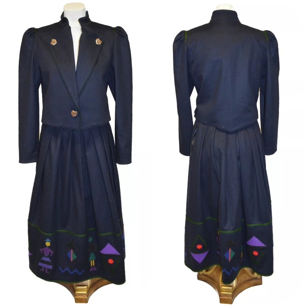 Admont Vintage 80s Oktoberfest Navy Blue Wool Jacket & Skirt Suit Set sz 38